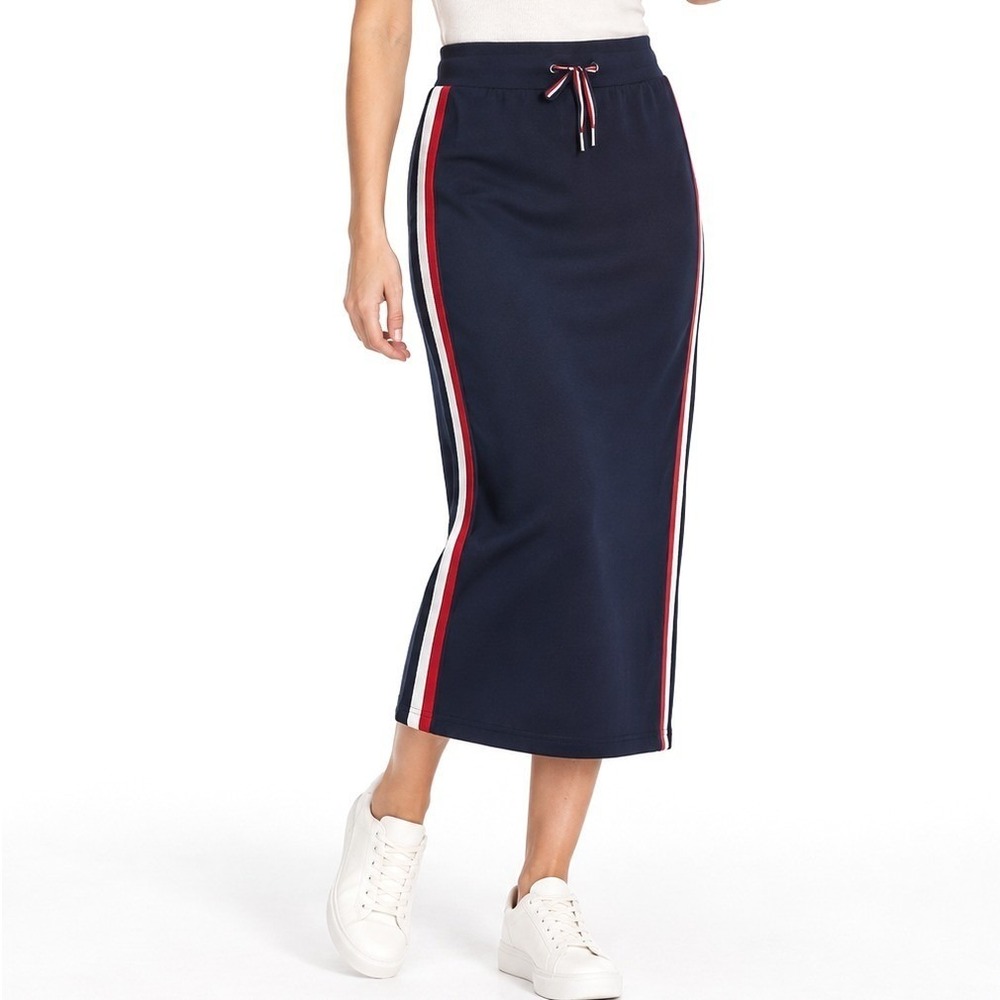 Tommy Hilfiger Women's Navy Long Skirt XS Red White Side Stripe Drawstring
